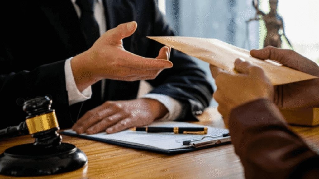 Close-up of a legal professional handing a document across a desk with a gavel nearby.