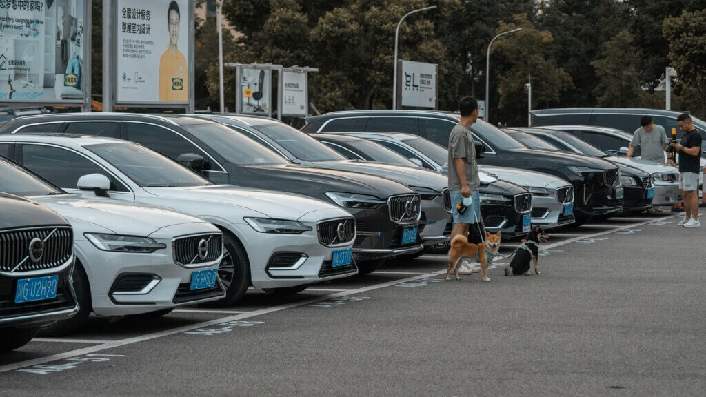 Modern Volvo car parked with people and dogs nearby in an outdoor setting.