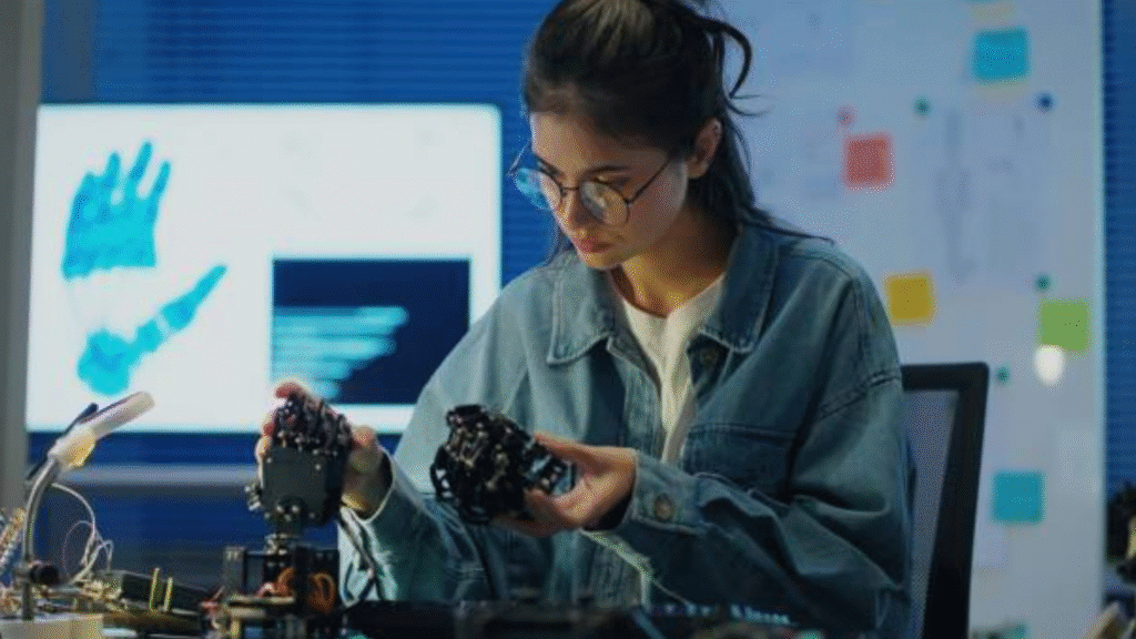 Engineer assembling a robotic hand component at a workstation with computer screens in the background.