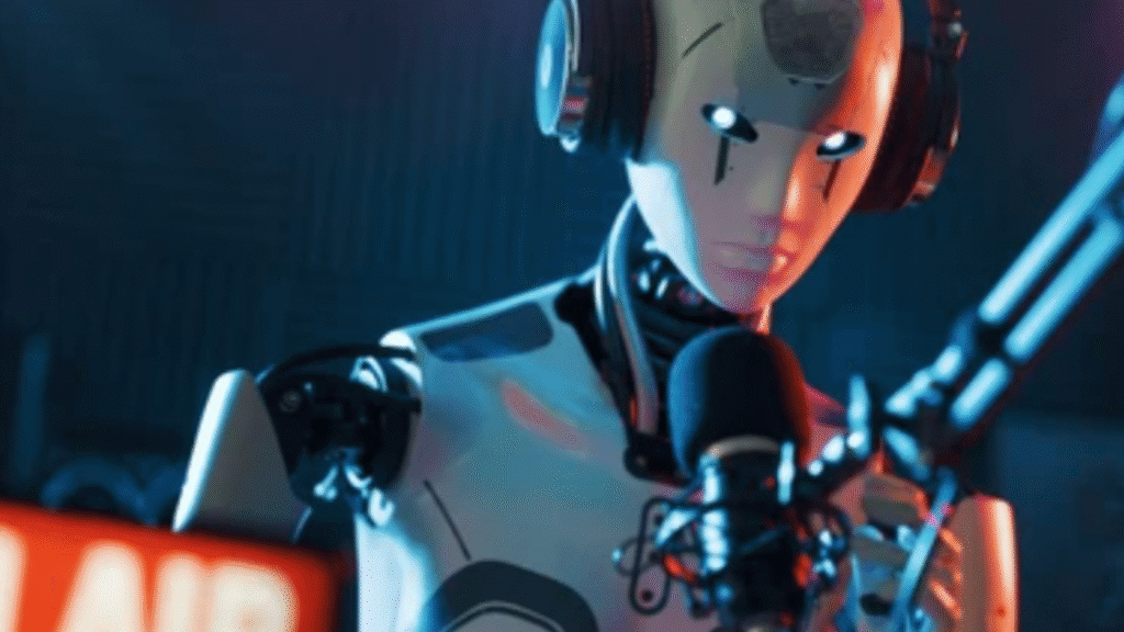 A humanoid robot with headphones speaking into a microphone.