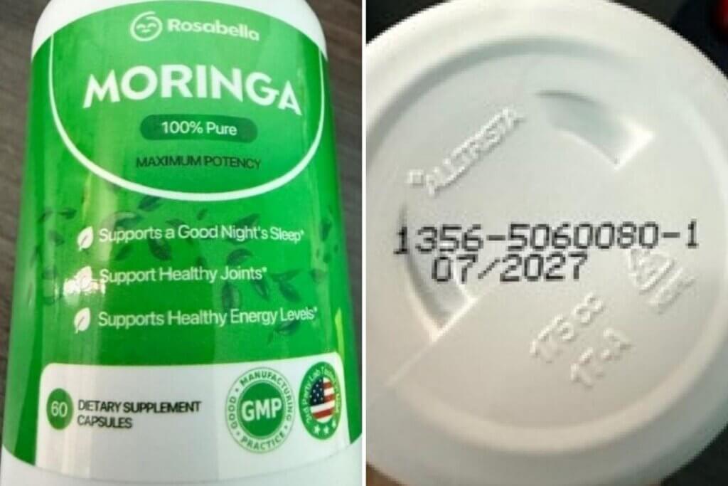 Side-by-side images of the recalled Rosabella-brand moringa supplement bottle, showing the front label and the bottom with the lot code.