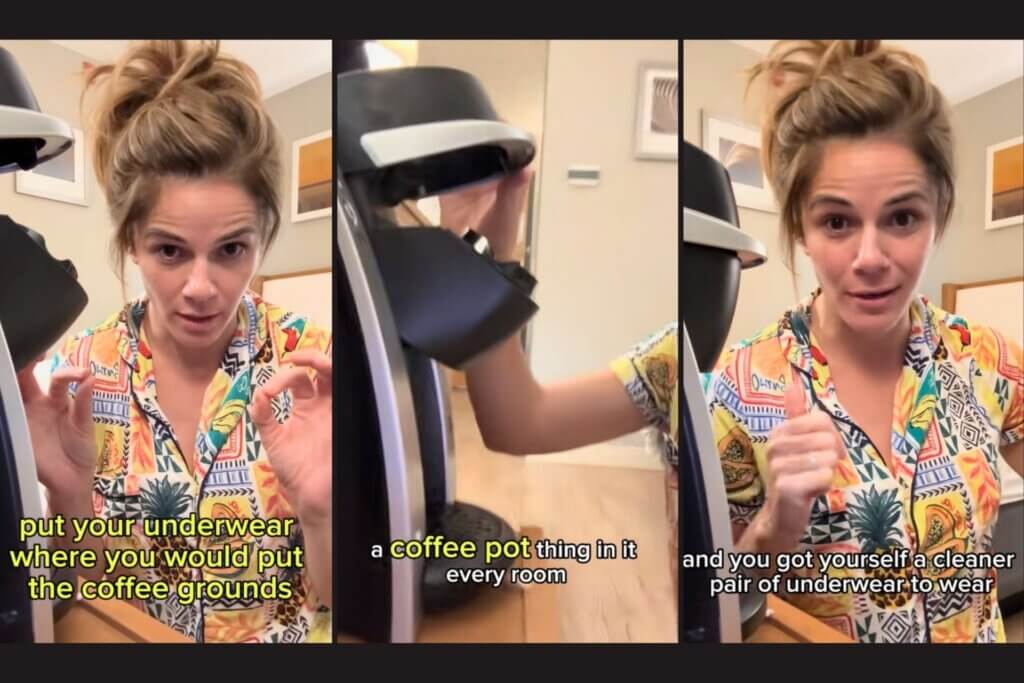 Influencer Tara Woodcox demonstrating viral TikTok hack of washing underwear inside a hotel room coffee maker.