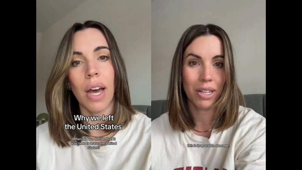 The reel creator speaking into the camera. Her video is captioned with "Why we left the United States"