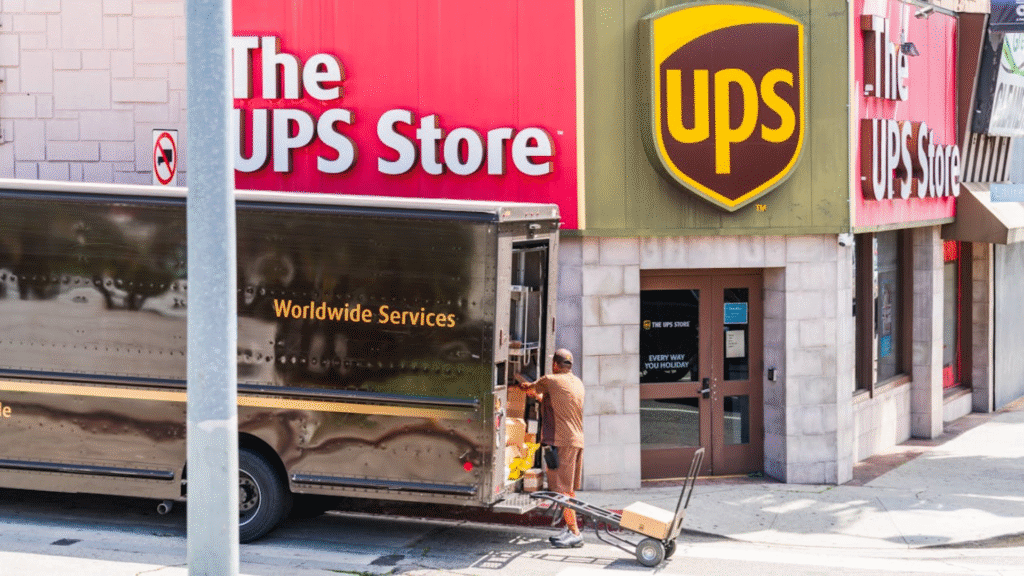 working loading USP truck in front of store