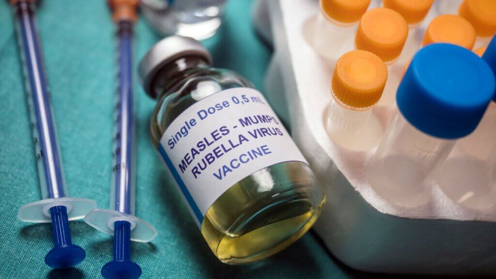Different vials of triple viral vaccine of measles, rubella and mumps, known as MMR