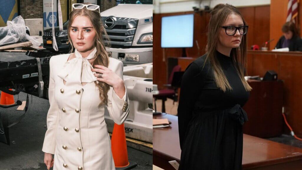 Side-by-side images of Anna Sorokin, on the left, she wears a white coat and stands outdoors near vehicles and cones; on the right, she wears a black dress and glasses while standing in a courtroom