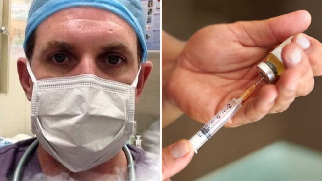 Masked nurse in surgical cap beside a close-up of a syringe drawing liquid from a vial.