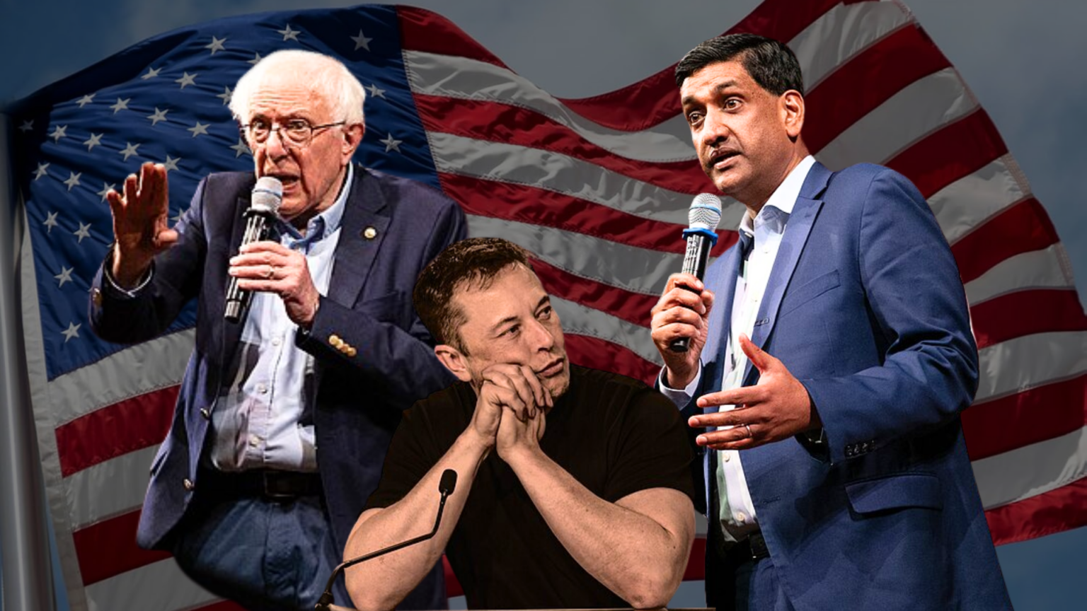 Composite image of Bernie Sanders, Elon Musk, and Ro Khanna in front of a waving American flag.