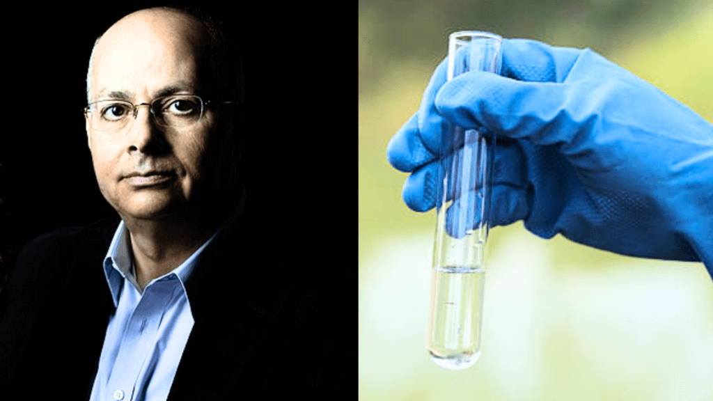 Split screen featuring Omar M. Yaghi and a hand in a blue glove holding a clear test tube.
