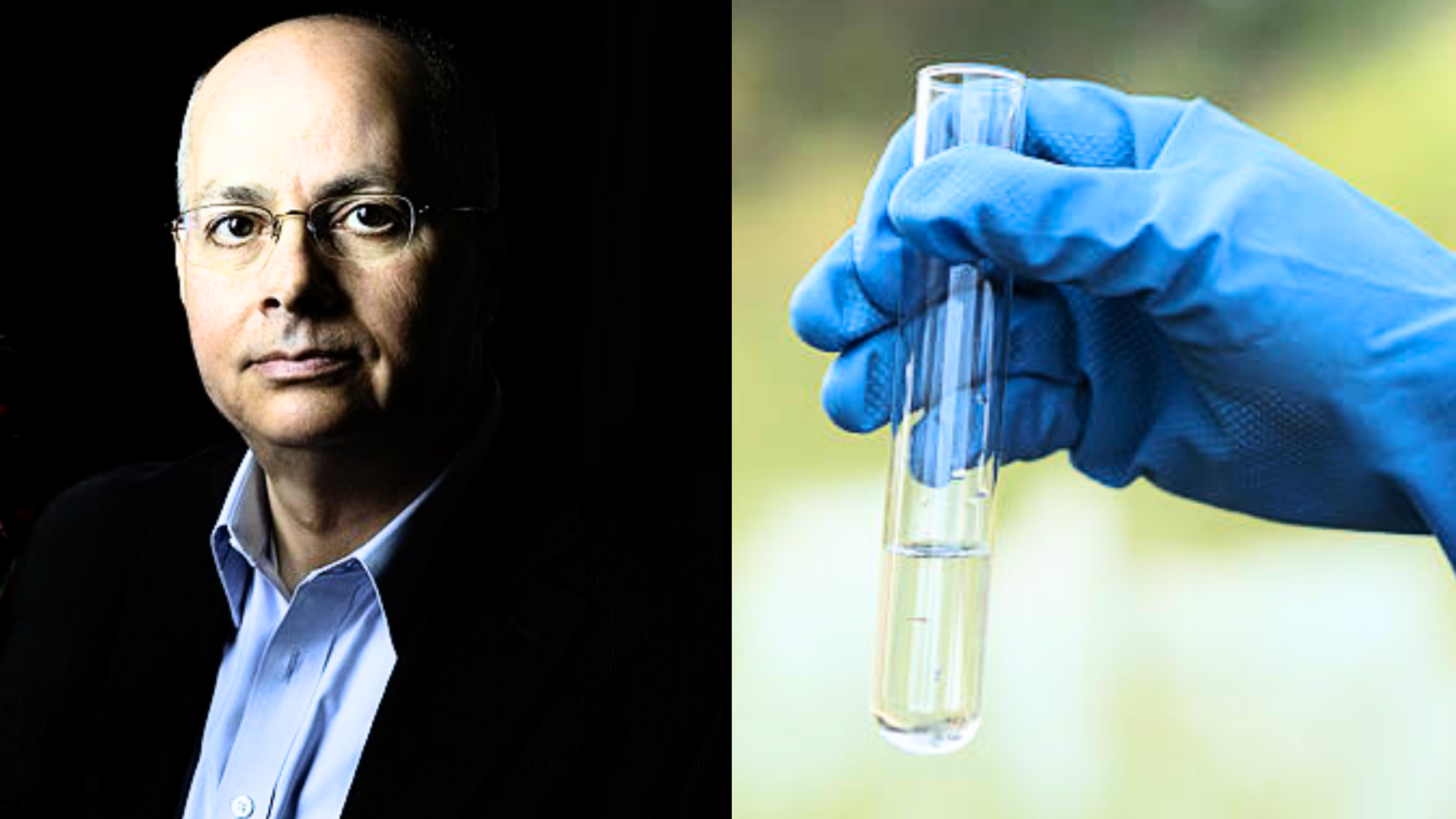 Split screen featuring Omar M. Yaghi and a hand in a blue glove holding a clear test tube.