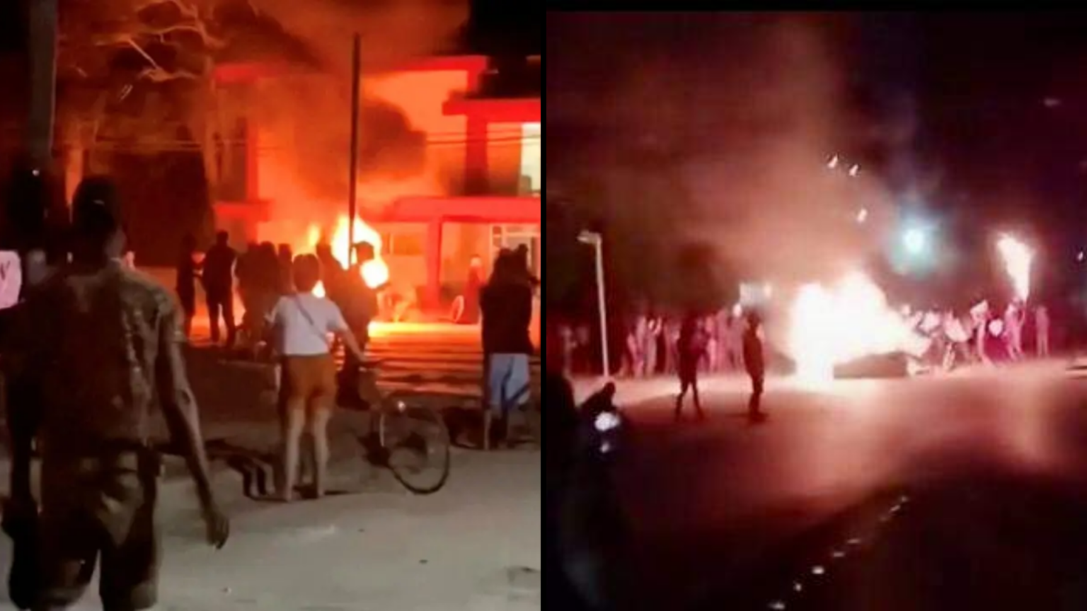 A two-paneled composite showing a chaotic nighttime scene where a large crowd has gathered in front of a burning building.