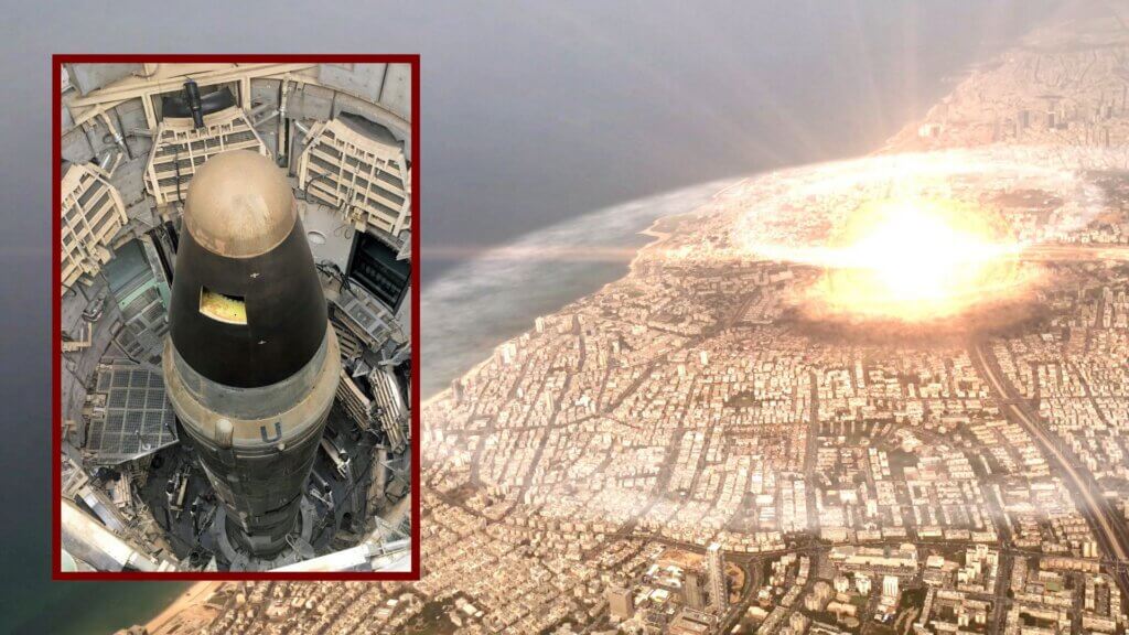 Nuclear missile inside silo combined with massive nuclear explosion over coastal city skyline.