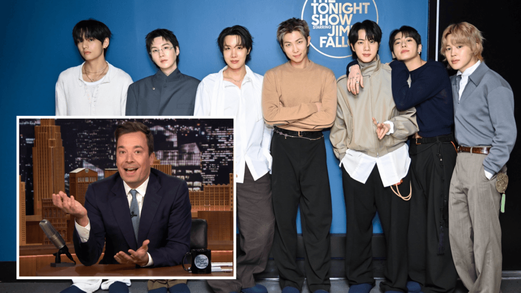 A composite image showing the seven members of BTS standing against a blue backdrop, with an inset of Jimmy Fallon.