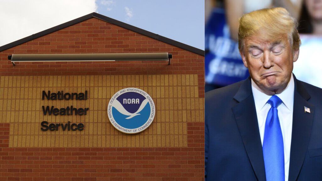 National Weather Service building sign beside photo of Donald Trump speaking