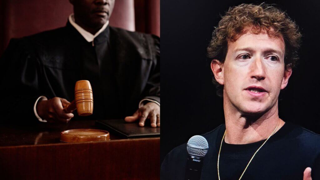 Judge holding wooden gavel beside Mark Zuckerberg speaking at event.