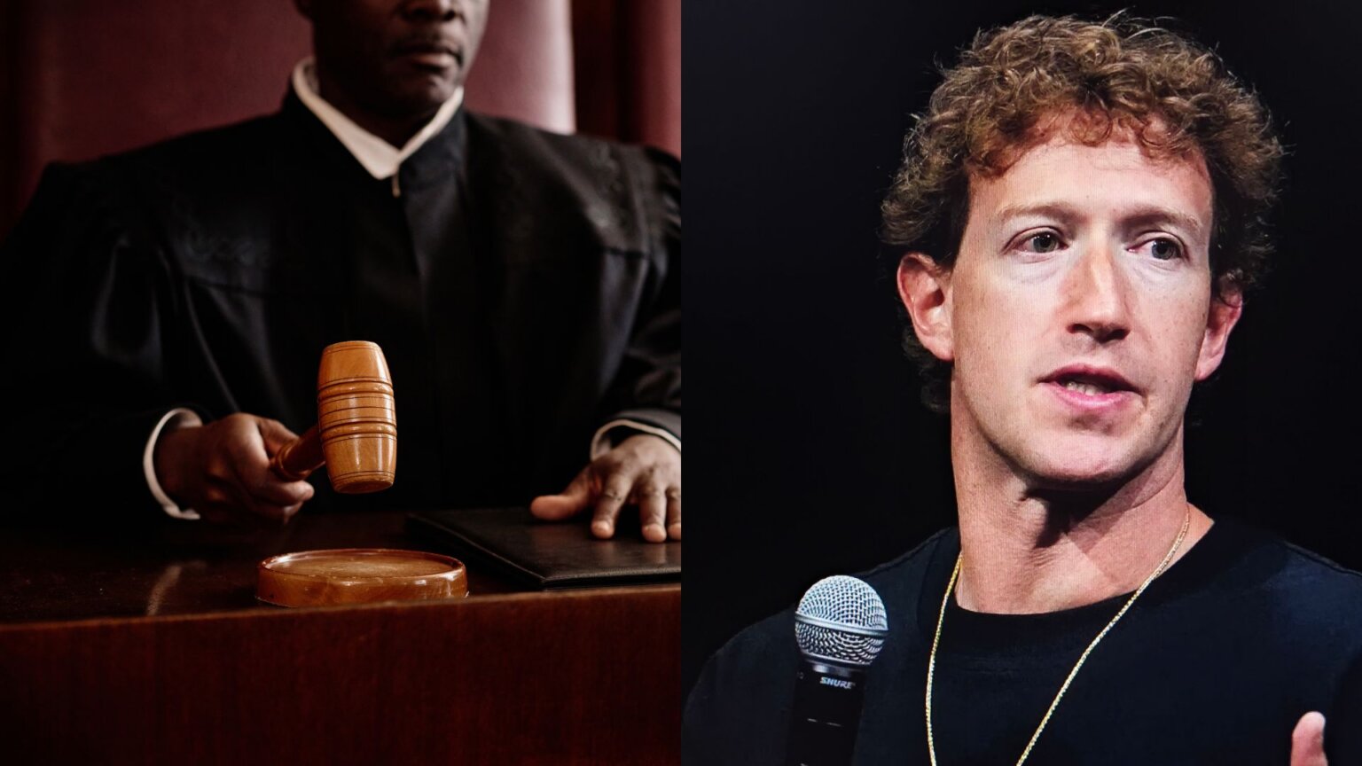 Judge holding wooden gavel beside Mark Zuckerberg speaking at event.