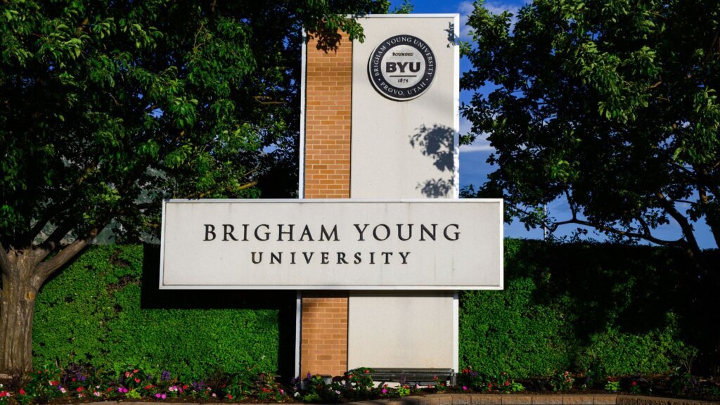 Brigham Young University campus sign displayed outdoors in Provo, Utah.