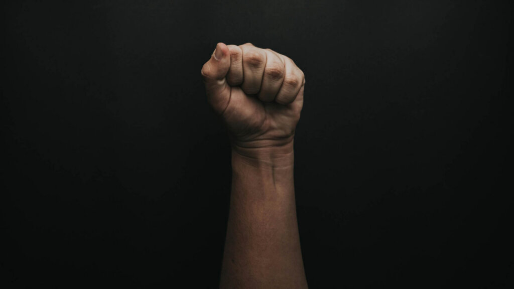 Raised fist against a dark background symbolizing protest or solidarity.