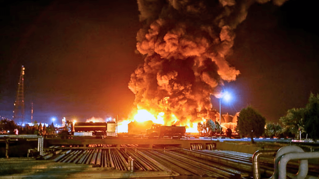 Nighttime view of a massive explosion and fire at an industrial oil refinery with thick smoke billowing into the sky.