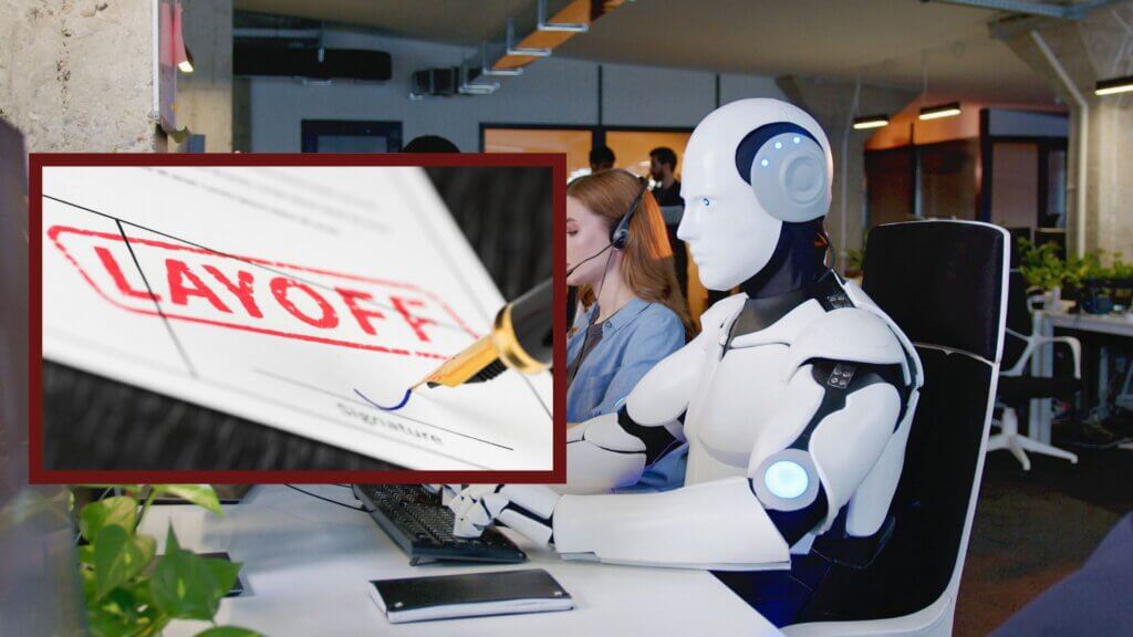 Split image showing a humanoid robot working at a computer in an office beside a document stamped with the word “Layoff”