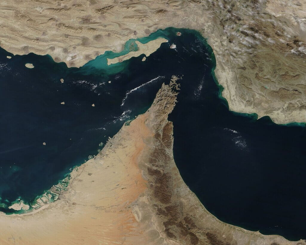 Satellite view of the Strait of Hormuz and Musandam Peninsula in the Middle East.