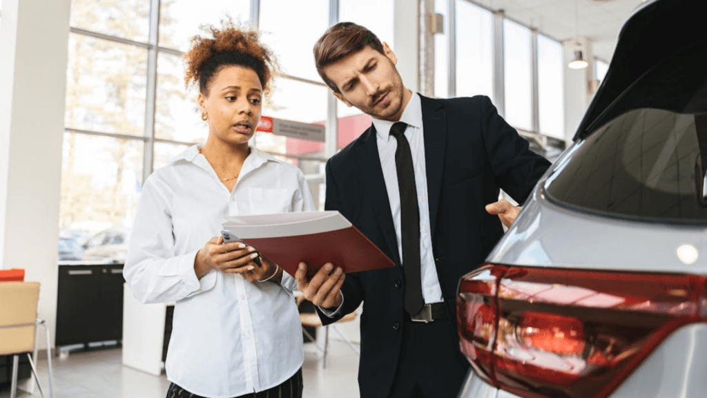 A man in a suit shows papers to a woman next to a silver car.