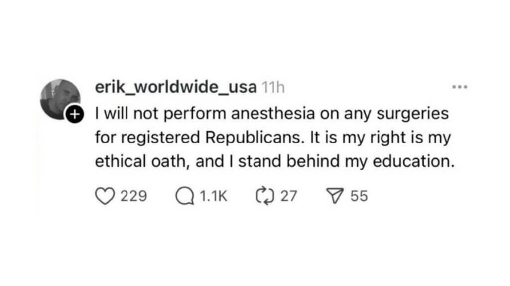 Screenshot of an Instagram post stating refusal to perform anesthesia on registered Republicans.
