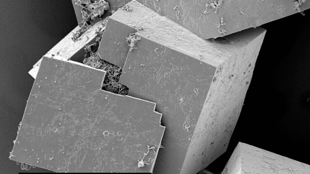 Microscopic view of Microscopic MOF crystal under high magnification, showing detailed surface textures.