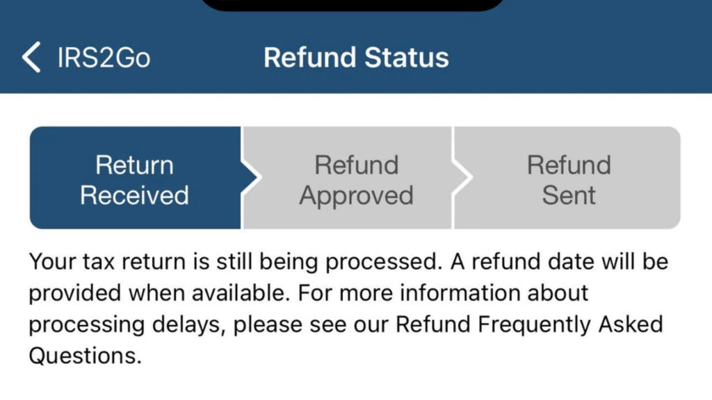 A screenshot of the IRS2Go mobile app showing a "Refund Status" tracker with the "Return Received" stage highlighted in blue.