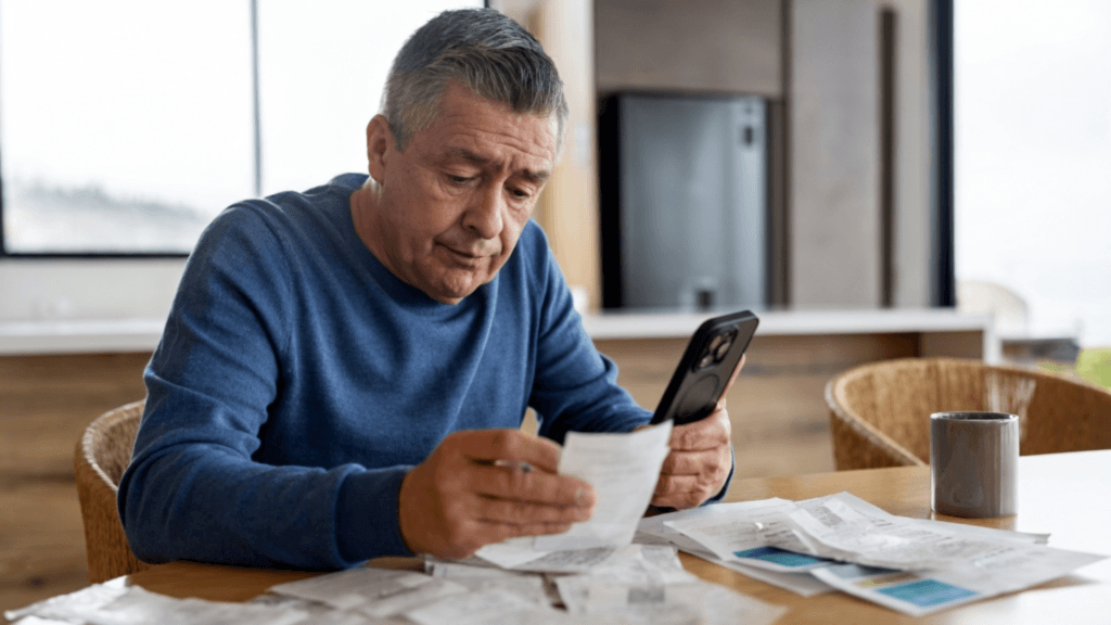 Man reviewing household bills while holding a smartphone at a table.