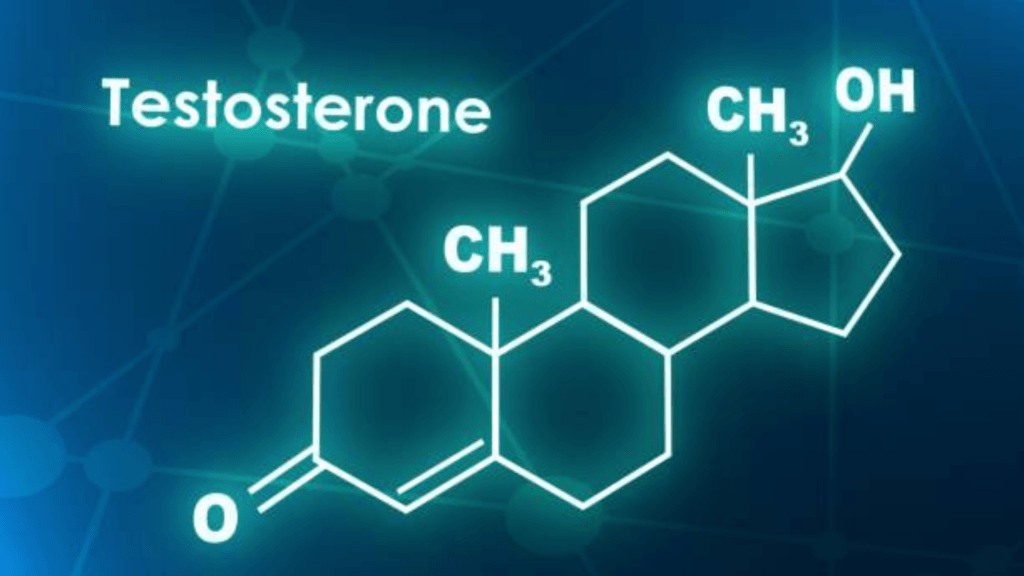 A glowing cyan-colored chemical diagram of the testosterone molecule.