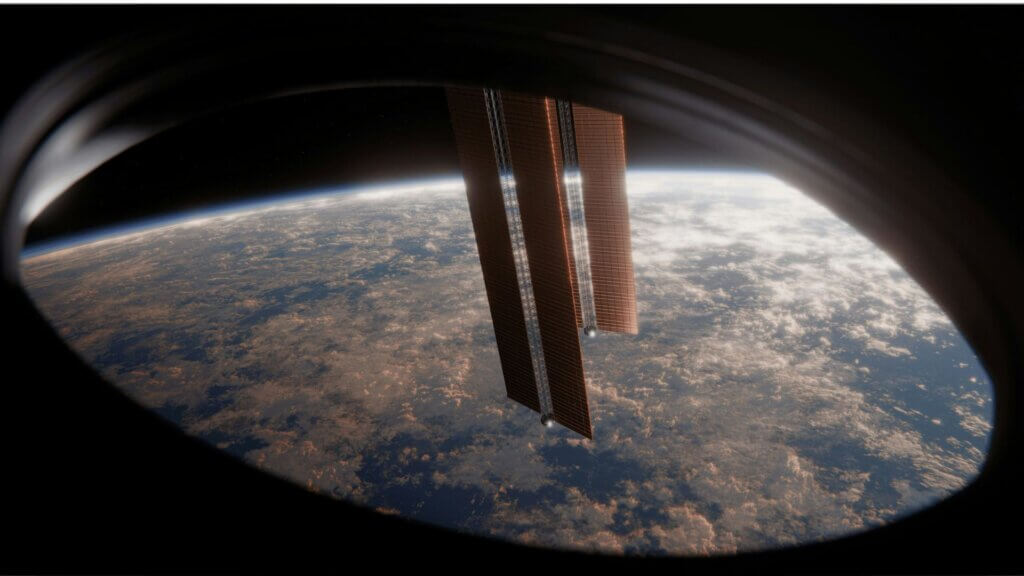 View of Earth’s surface through spacecraft window with solar panels visible in orbit.