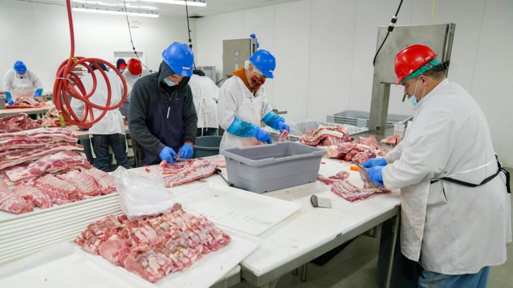 Workers wearing protective gear cutting and packaging meat in a processing plant.