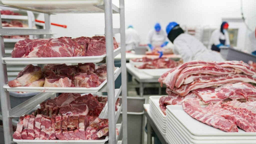 Raw meat cuts stored on racks inside a refrigerated processing facility.