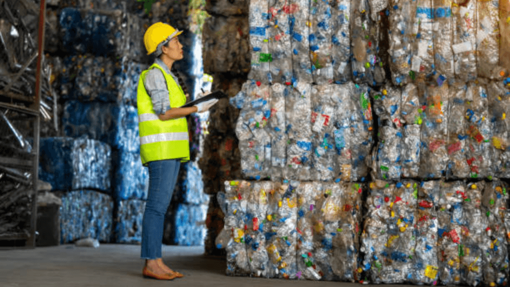 An inspector in a yellow safety vest and hard hat reviewing a clipboard next to large stacks of baled plastic for recycling.