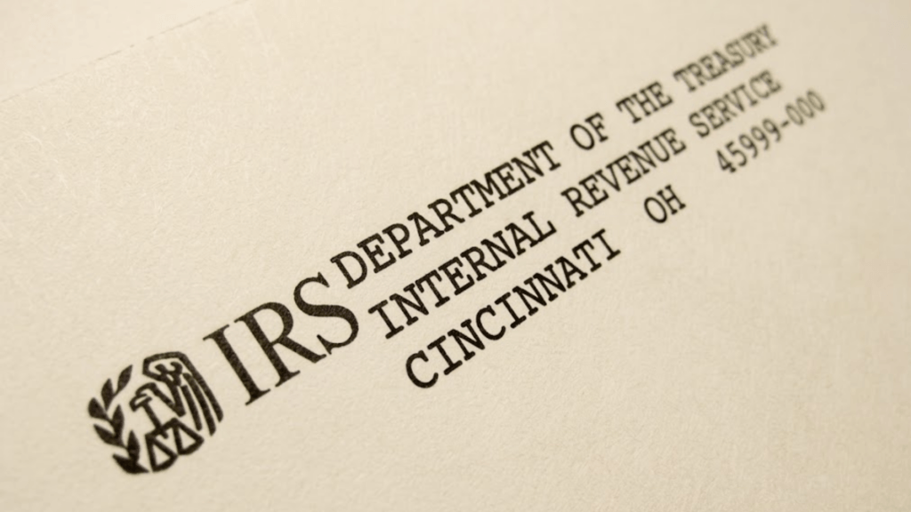 Close-up of an official IRS correspondence envelope from the Department of the Treasury, Internal Revenue Service, Cincinnati, OH.