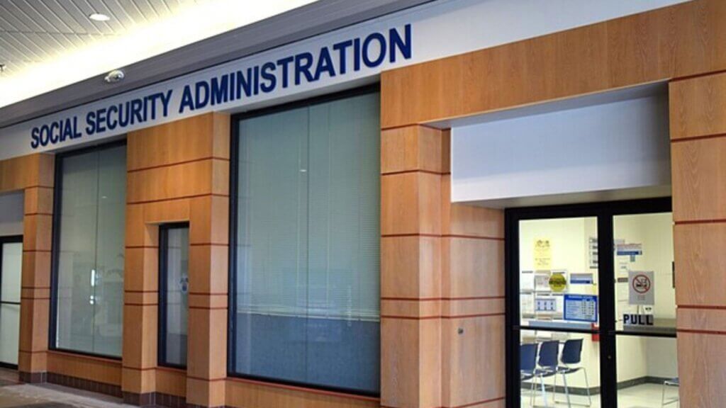 Social Security Administration office entrance with signage above the doorway.