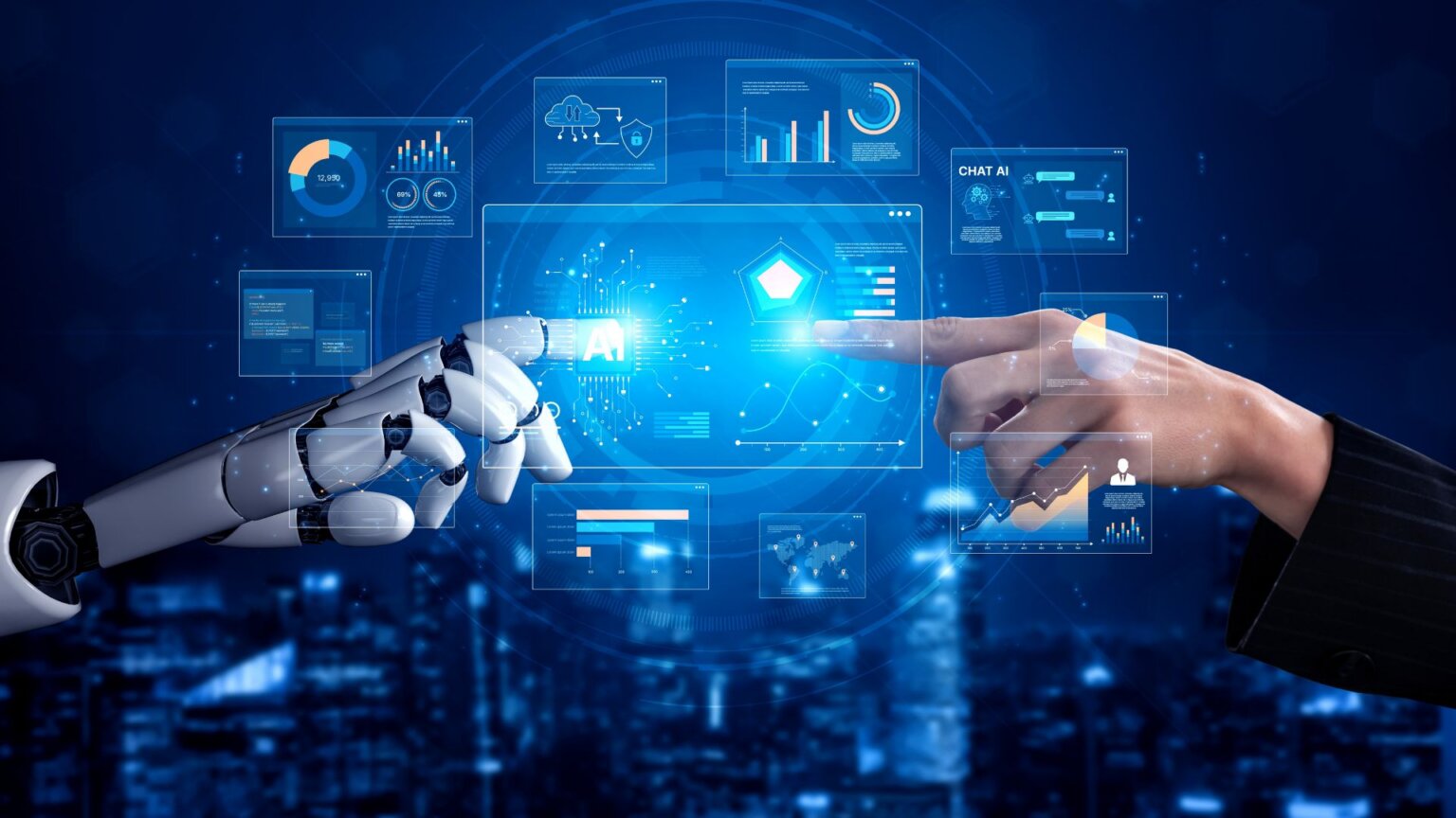 Digital illustration of artificial intelligence analyzing large data sets with charts and graphs across a futuristic interface.