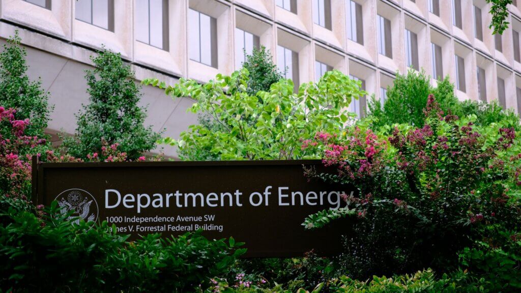 United States Department of Energy headquarters sign outside a federal building in Washington DC.