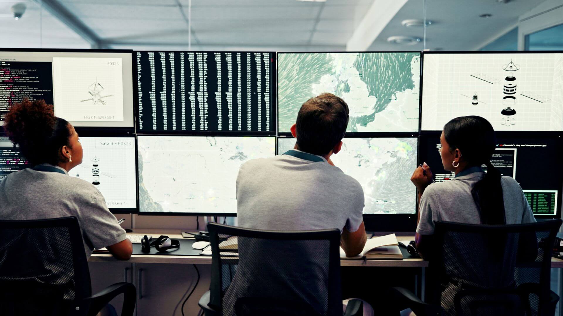 Team analyzing satellite data on multiple screens displaying maps and telemetry.