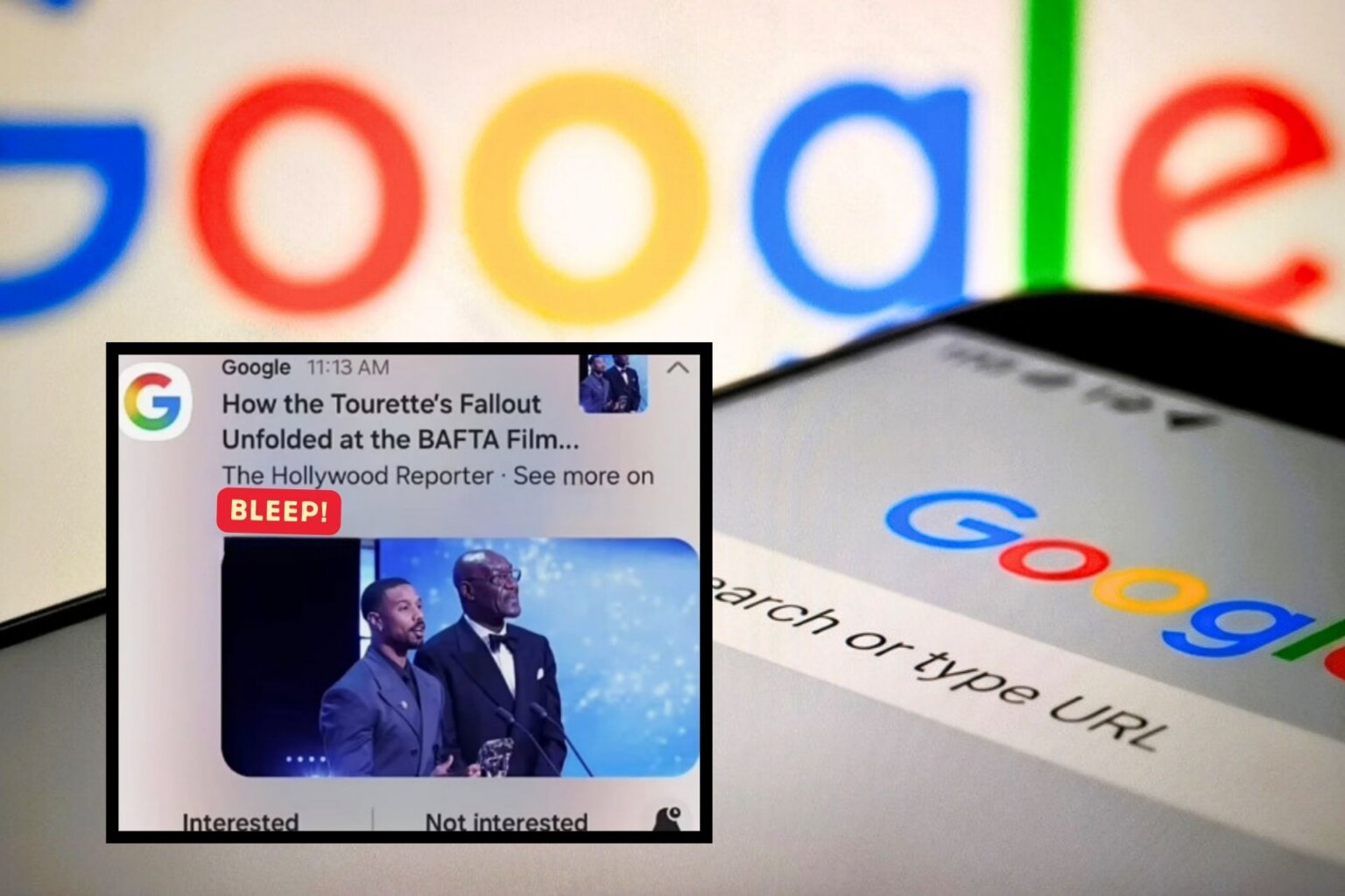Google logo behind a smartphone showing a Google push notification with an article headline referencing a censored racial slur.