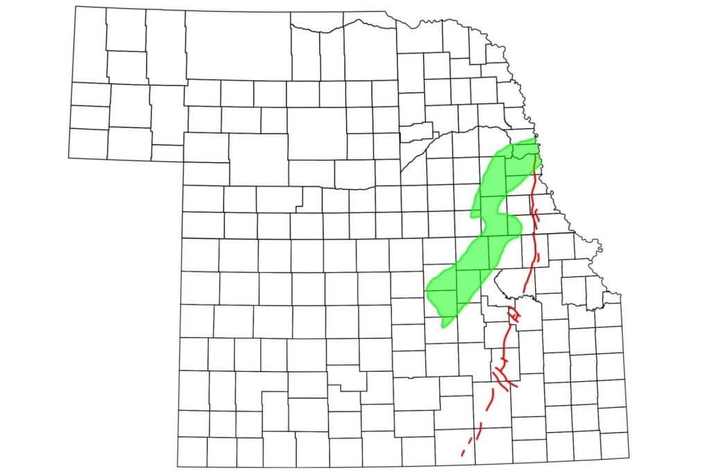The Humboldt Fault (red) and Midcontinent Rift System (green) in Kansas and Nebraska