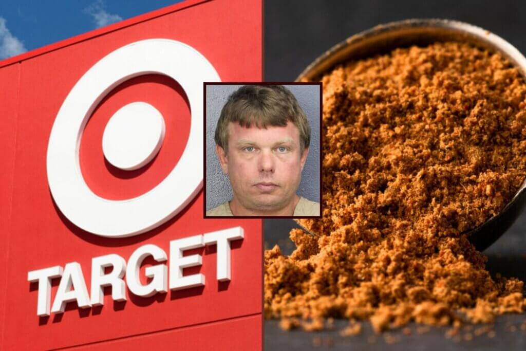 Target store logo on red storefront with inset mugshot of a man and close-up of spilled taco seasoning.