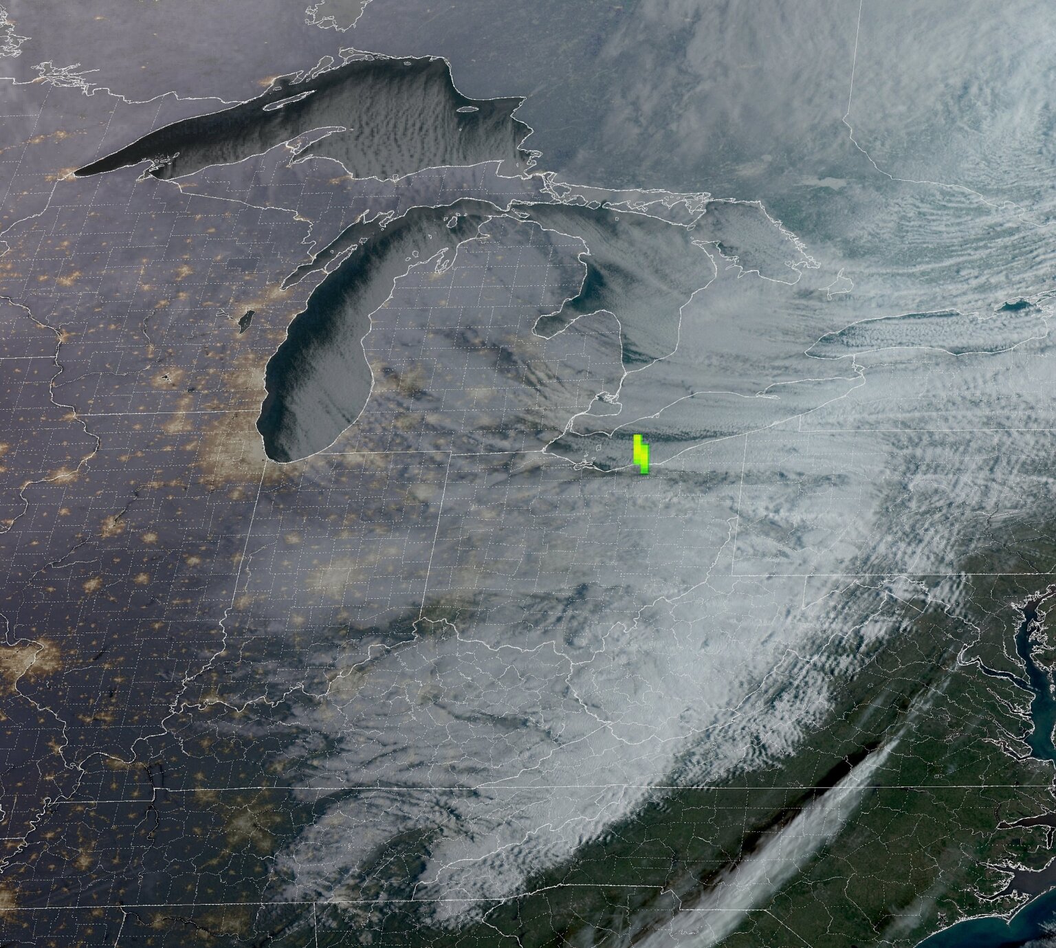 Satellite view of cloud cover over the Great Lakes and Northeast.