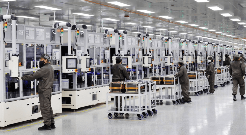 Workers inside SK Battery America's manufacturing plant in Georgia.