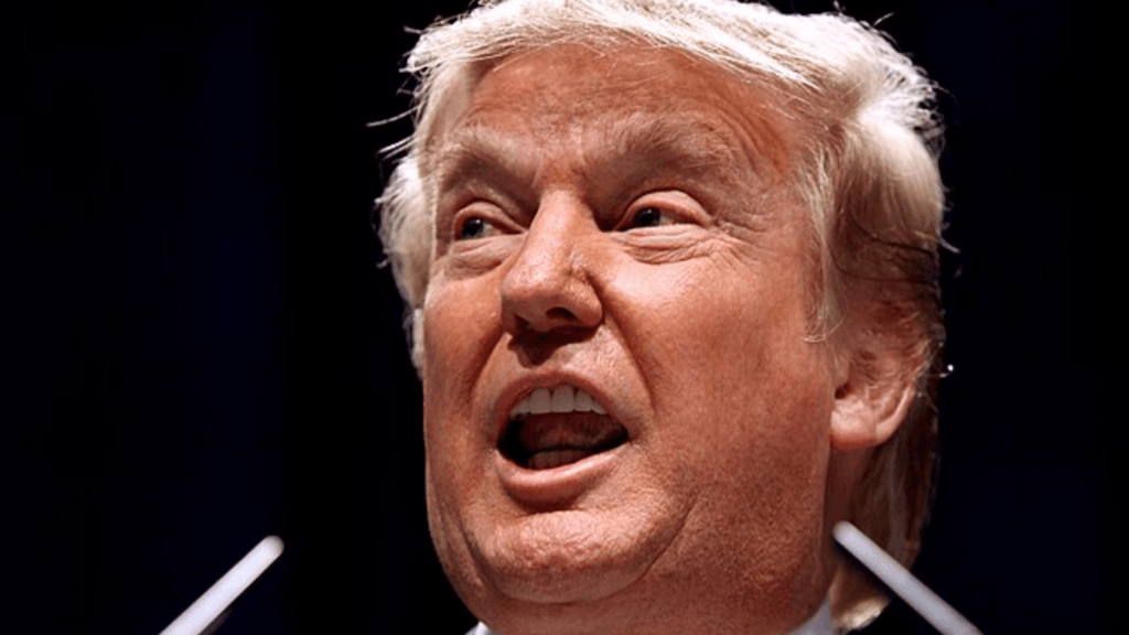 A close-up, high-contrast portrait of Donald Trump speaking expressively, with microphones visible in the lower foreground.