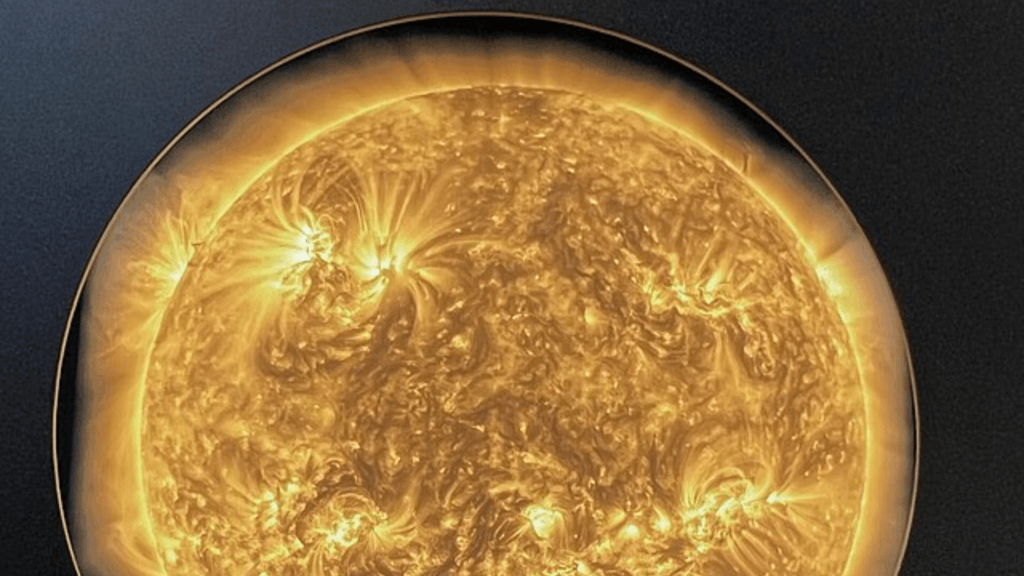 A detailed, glowing view of the sun showing solar flares and surface activity.