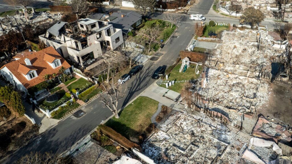 A drone captures structures damaged by the Palisades Fire in Pacific Palisades, neighborhood of Los Angeles.