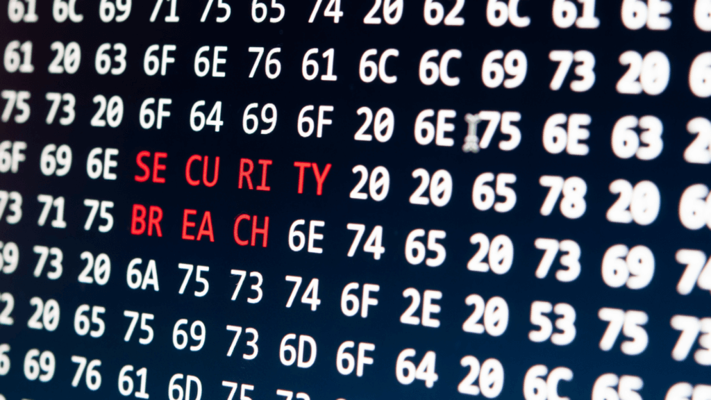 Digital data breach concept displaying security breach in glowing alphanumeric code.
