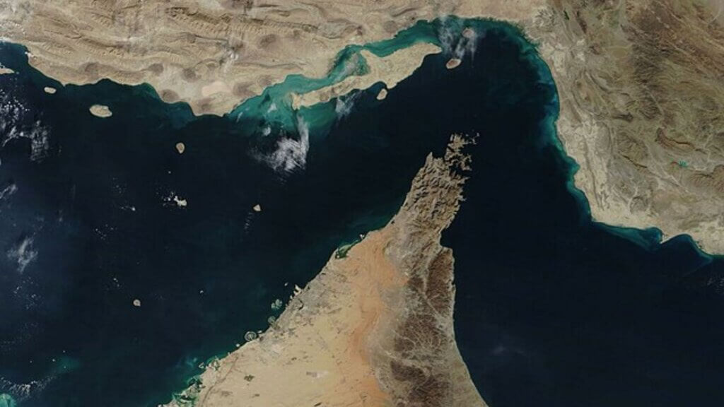 A satellite view of the narrow Strait of Hormuz that lies between the Persian Gulf and the Gulf of Oman.